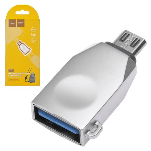 Адаптер Hoco UA10, USB тип A, micro USB тип B, сріблястий, OTG, #6957531070283