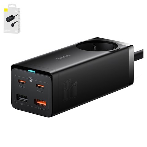 Мережевий зарядний пристрій Baseus GaN3 Pro Desktop, 65 Вт, Quick Charge, чорний, з розеткою, з кабелем USB тип C до USB тип C, 4 порта, 1,5 м, #PSZM000901