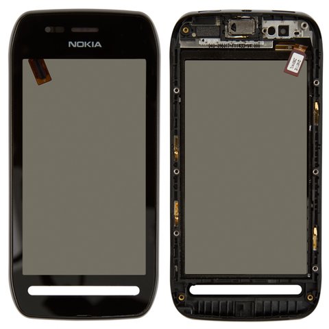 Touchscreen compatible with Nokia 603, with front panel, black 