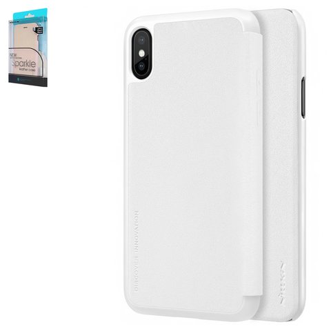 Case Nillkin Sparkle laser case compatible with iPhone X, iPhone XS, white, without logo hole, flip, PU leather, plastic  #6902048146310