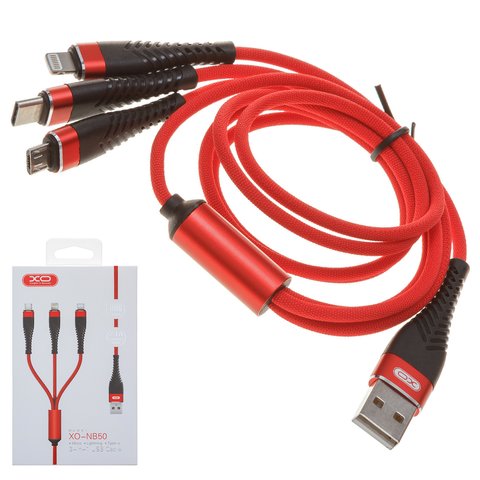 Cable USB universal XO NB50, para cargar el teléfono, con revestimiento de nylon, 3 en 1, rojo, USB tipo C, micro USB tipo B, Lightning, 2.4 A