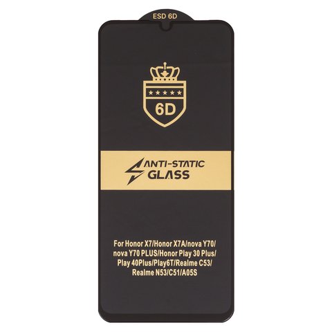 Защитное стекло ESD 6D для Realme C51, C53 NFC, Narzo N53, Note 50; Huawei Honor X7, Honor X7a, Nova Y70, Nova Y70 Plus; Samsung A057 Galaxy A05s, A075 Galaxy A07 4G, совместимо с чехлом, Full Glue, Anti Static, без упаковки , черный